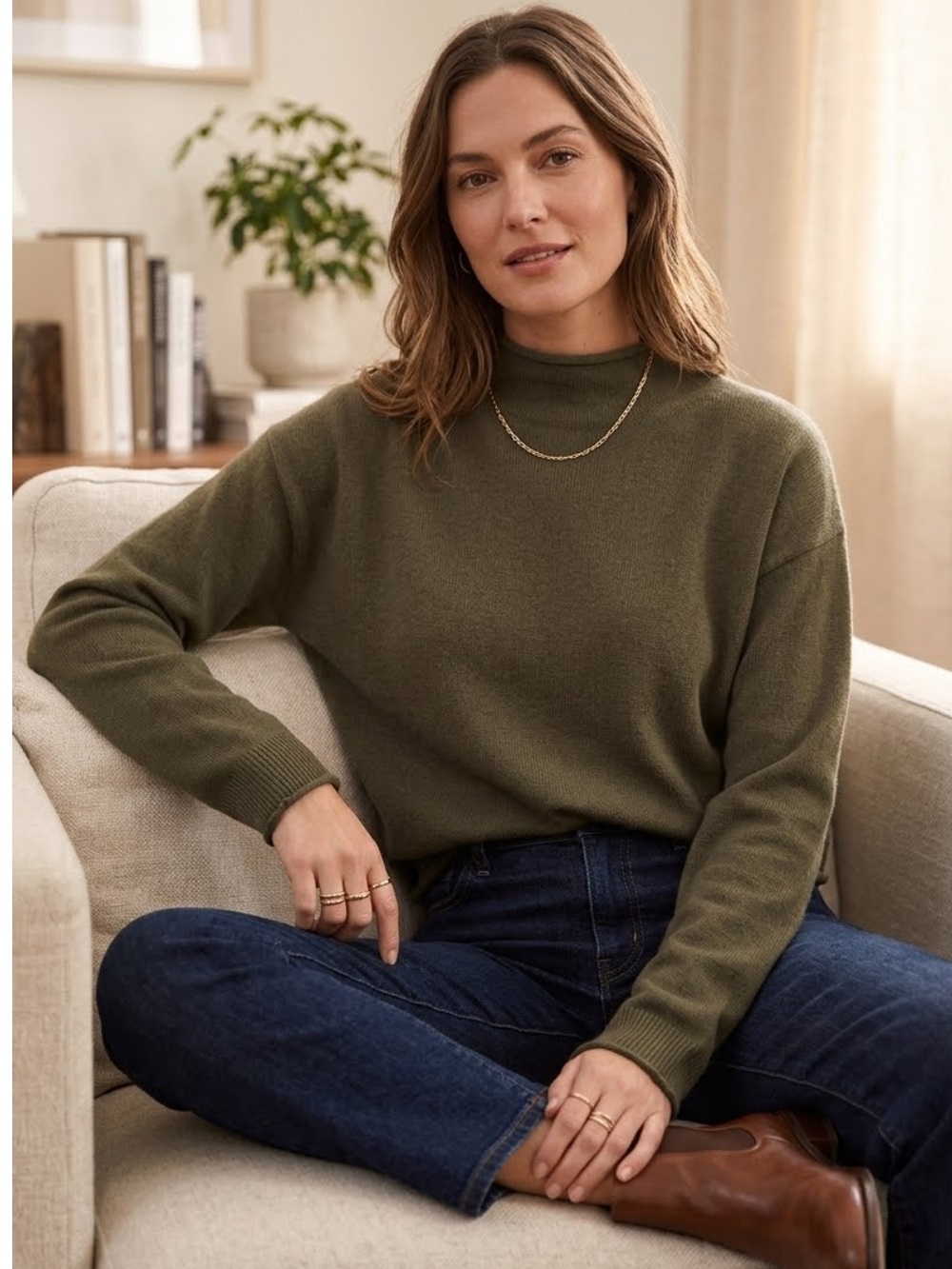 Antonio Melani Cashmere Sweater Funnelneck Olive Brown Plush Soft Quiet Luxury S